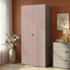 Armoire penderie 2 portes petites poignées rose taupe et effet chêne grisé GoodHome Atomia H. 225 x L. 100 x P. 45 cm