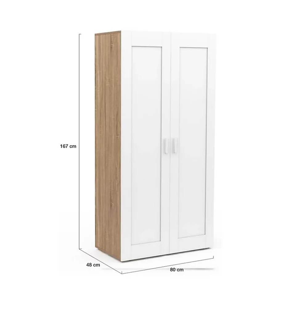 Armoire Penderie 2 Portes Blanc et Bois + Barre de Penderie et Etagères - Rangement Pratique Etagères Escalier Chambre