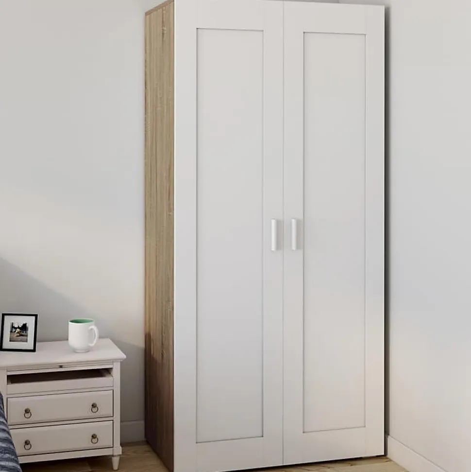 Armoire Penderie 2 Portes Blanc et Bois + Barre de Penderie et Etagères - Rangement Pratique Etagères Escalier Chambre