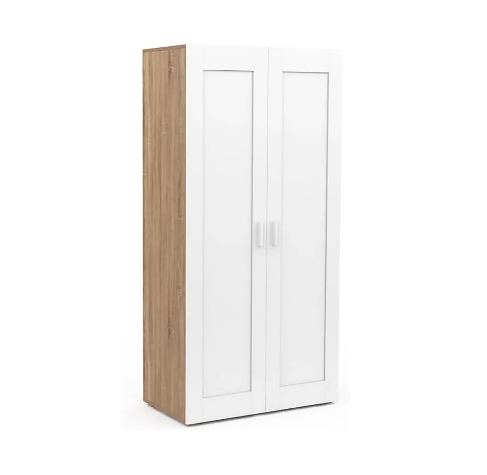 Armoire Penderie 2 Portes Blanc et Bois + Barre de Penderie et Etagères - Rangement Pratique Etagères Escalier Chambre
