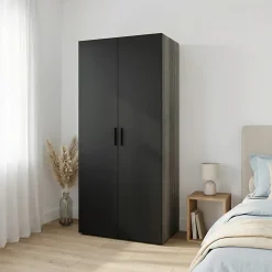 Armoire penderie 2 portes battantes noir et effet chêne grisé GoodHome Atomia H. 187 x L. 100 x P. 58 cm