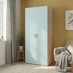 Armoire penderie 2 portes battantes bleu aqua et effet chêne GoodHome Atomia H. 225 x L. 100 x P. 45 cm