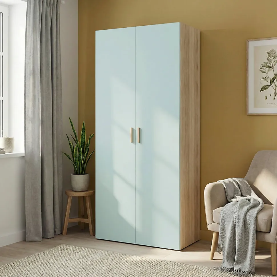 Armoire penderie 2 portes battantes bleu aqua et effet chêne GoodHome Atomia H. 225 x L. 100 x P. 45 cm
