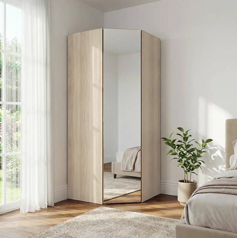 Armoire penderie d'angle effet chêne avec porte battante miroir GoodHome Atomia H. 225 x L. 100 x P. 89 cm