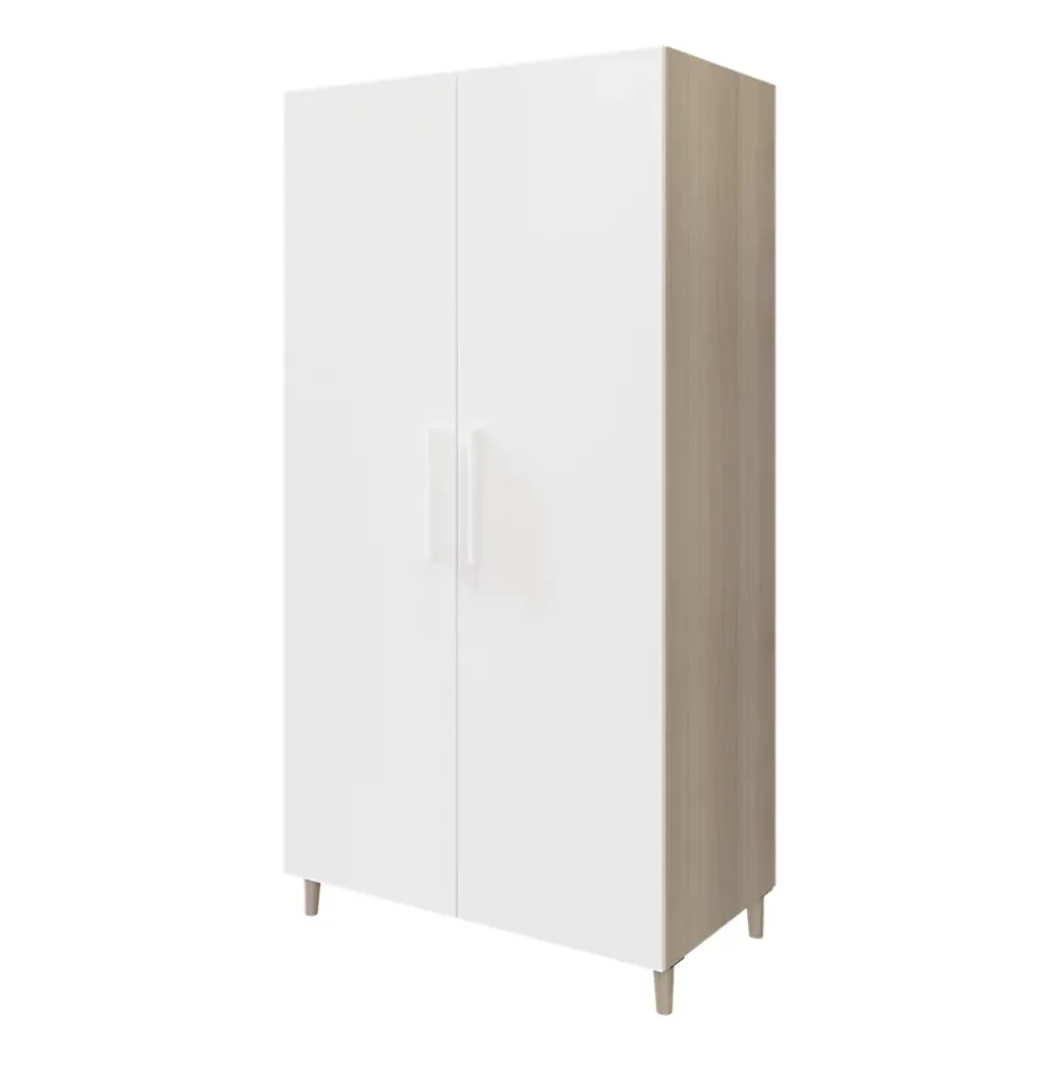Armoire penderie effet chêne portes battantes blanches sur pieds GoodHome Atomia H. 197,5 x L. 100 x P. 60 cm