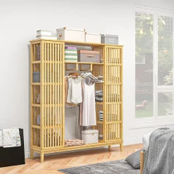 Armoire penderie en bambou - 2 portes coulissantes, 7 étagères, 2 barres - dim. 145L x 35l x 165Hcm