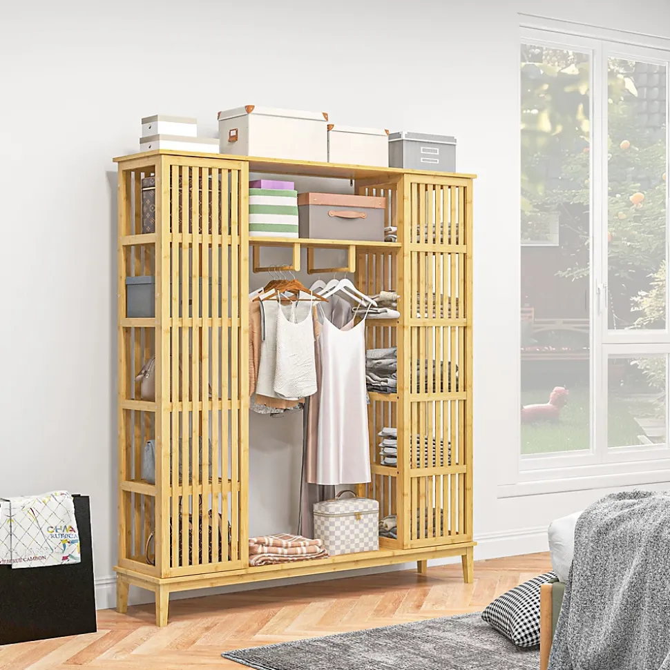 Armoire penderie en bambou - 2 portes coulissantes, 7 étagères, 2 barres - dim. 145L x 35l x 165Hcm