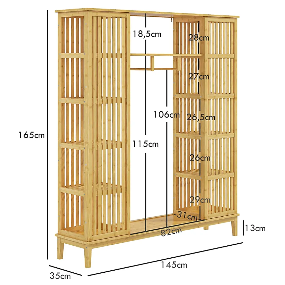 Armoire penderie en bambou - 2 portes coulissantes, 7 étagères, 2 barres - dim. 145L x 35l x 165Hcm