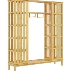 Armoire penderie en bambou - 2 portes coulissantes, 7 étagères, 2 barres - dim. 145L x 35l x 165Hcm