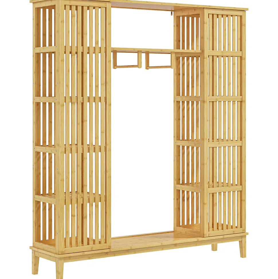Armoire penderie en bambou - 2 portes coulissantes, 7 étagères, 2 barres - dim. 145L x 35l x 165Hcm