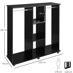 Armoire penderie meuble de rangement mobile 6 roulettes 120L x 40l x 128H cm panneaux de particules aspect bois noir