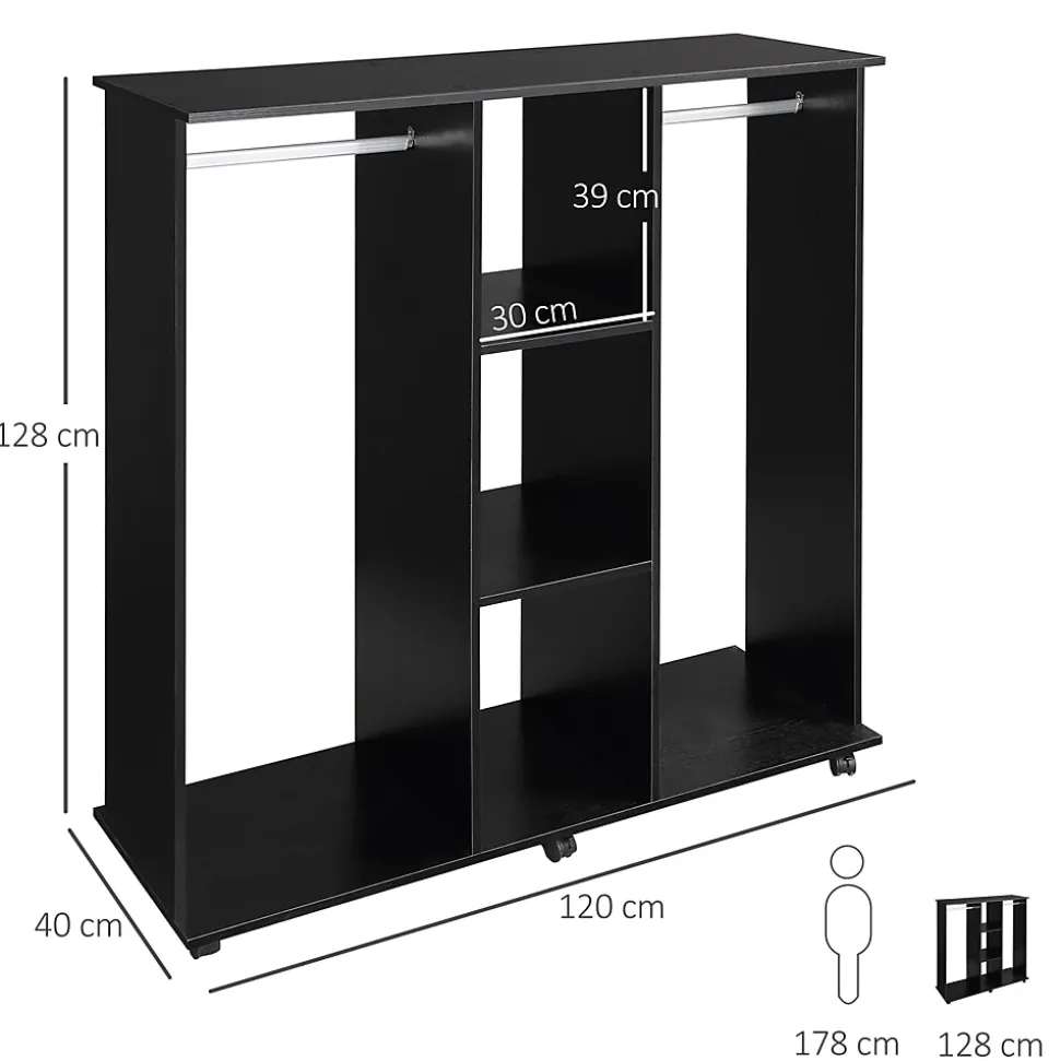 Armoire penderie meuble de rangement mobile 6 roulettes 120L x 40l x 128H cm panneaux de particules aspect bois noir
