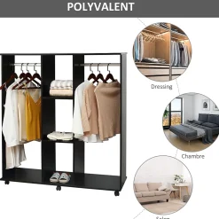 Armoire penderie meuble de rangement mobile 6 roulettes 120L x 40l x 128H cm panneaux de particules aspect bois noir