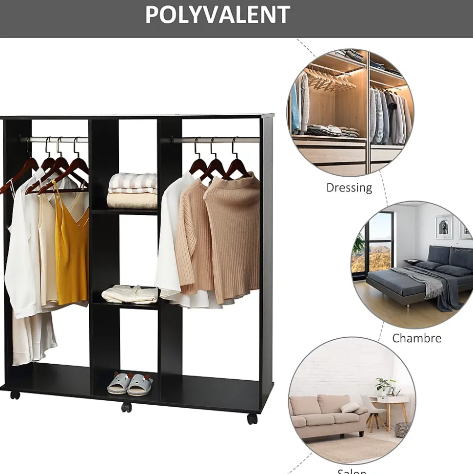 Armoire penderie meuble de rangement mobile 6 roulettes 120L x 40l x 128H cm panneaux de particules aspect bois noir