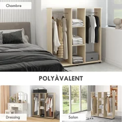 Armoire penderie meuble de rangement mobile 6 roulettes 120L x 40l x 128H cm panneaux de particules aspect bois chêne