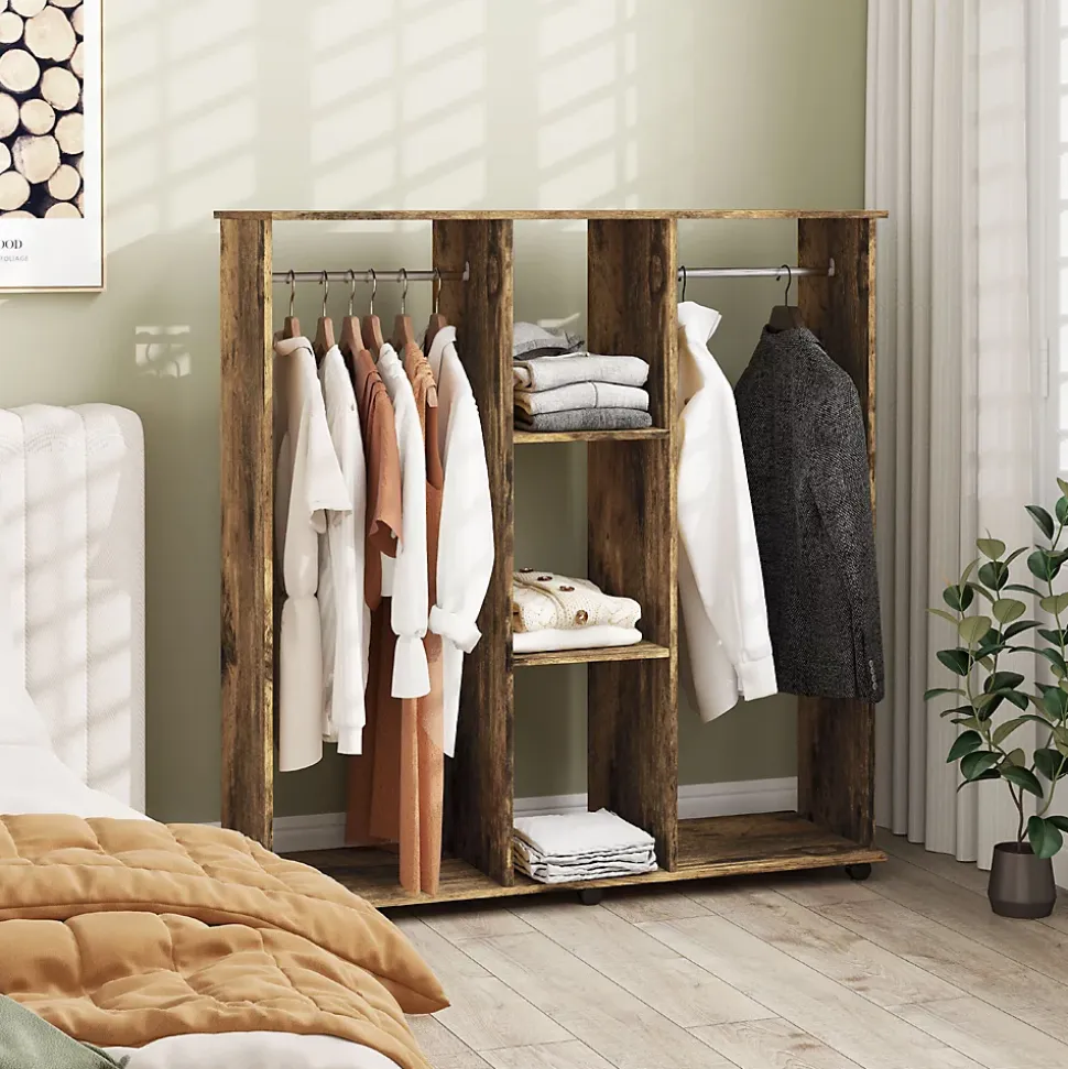 Armoire penderie meuble de rangement mobile 6 roulettes 120L x 40l x 128H cm panneaux de particules aspect bois vieilli