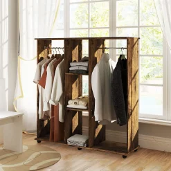 Armoire penderie meuble de rangement mobile 6 roulettes 120L x 40l x 128H cm panneaux de particules aspect bois vieilli
