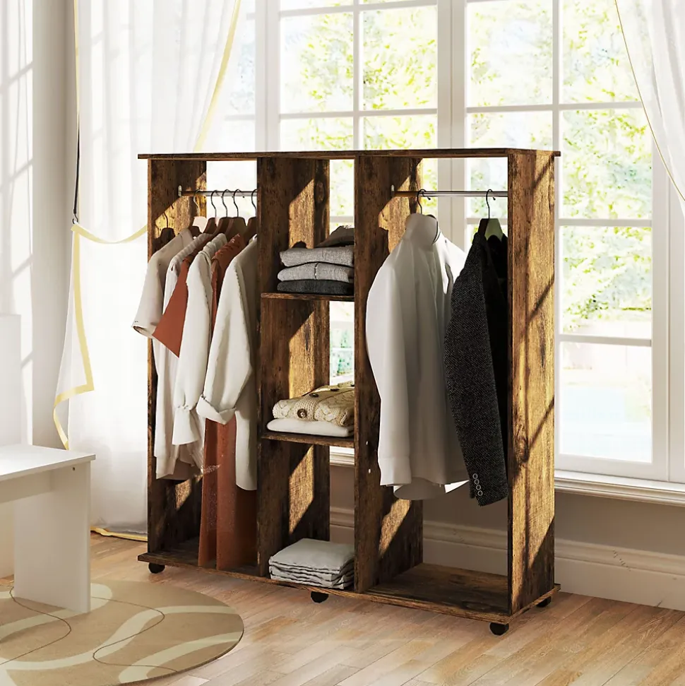 Armoire penderie meuble de rangement mobile 6 roulettes 120L x 40l x 128H cm panneaux de particules aspect bois vieilli