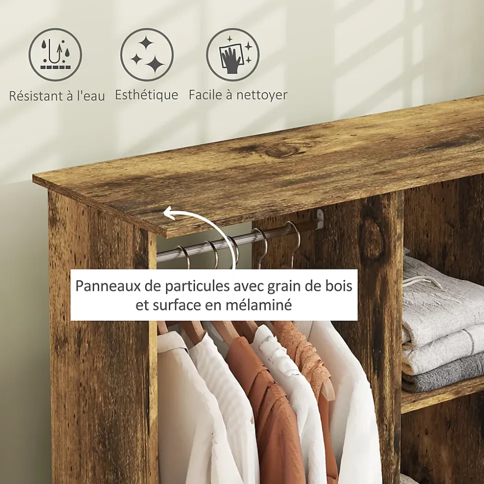 Armoire penderie meuble de rangement mobile 6 roulettes 120L x 40l x 128H cm panneaux de particules aspect bois vieilli