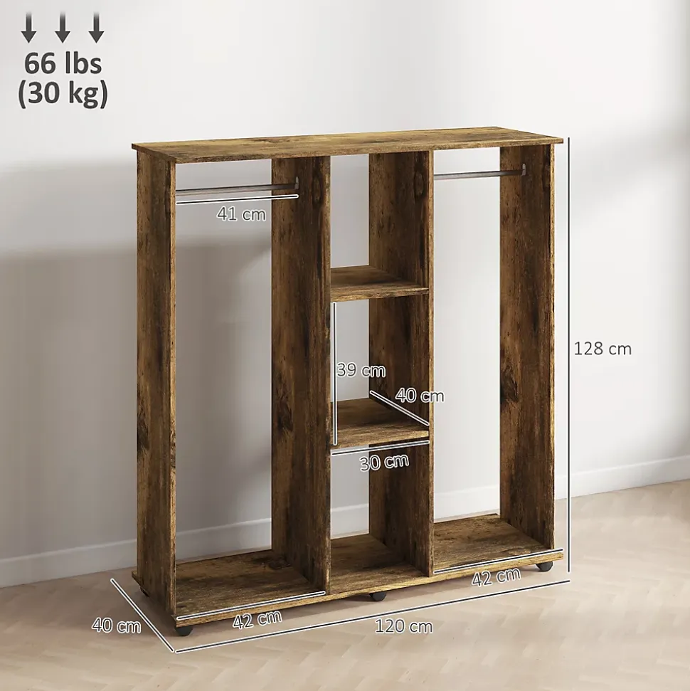 Armoire penderie meuble de rangement mobile 6 roulettes 120L x 40l x 128H cm panneaux de particules aspect bois vieilli