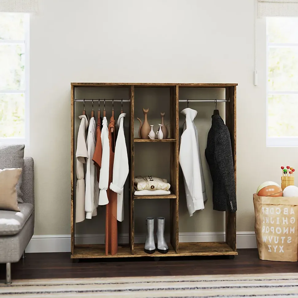 Armoire penderie meuble de rangement mobile 6 roulettes 120L x 40l x 128H cm panneaux de particules aspect bois vieilli