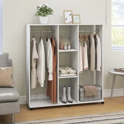 Armoire penderie Meuble de Rangement Mobile 6 roulettes 120L x 40l x 128H cm en bois Blanc