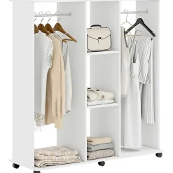 Armoire penderie Meuble de Rangement Mobile 6 roulettes 120L x 40l x 128H cm en bois Blanc