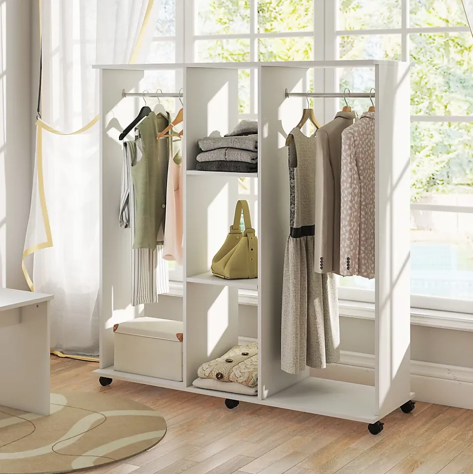 Armoire penderie Meuble de Rangement Mobile 6 roulettes 120L x 40l x 128H cm en bois Blanc