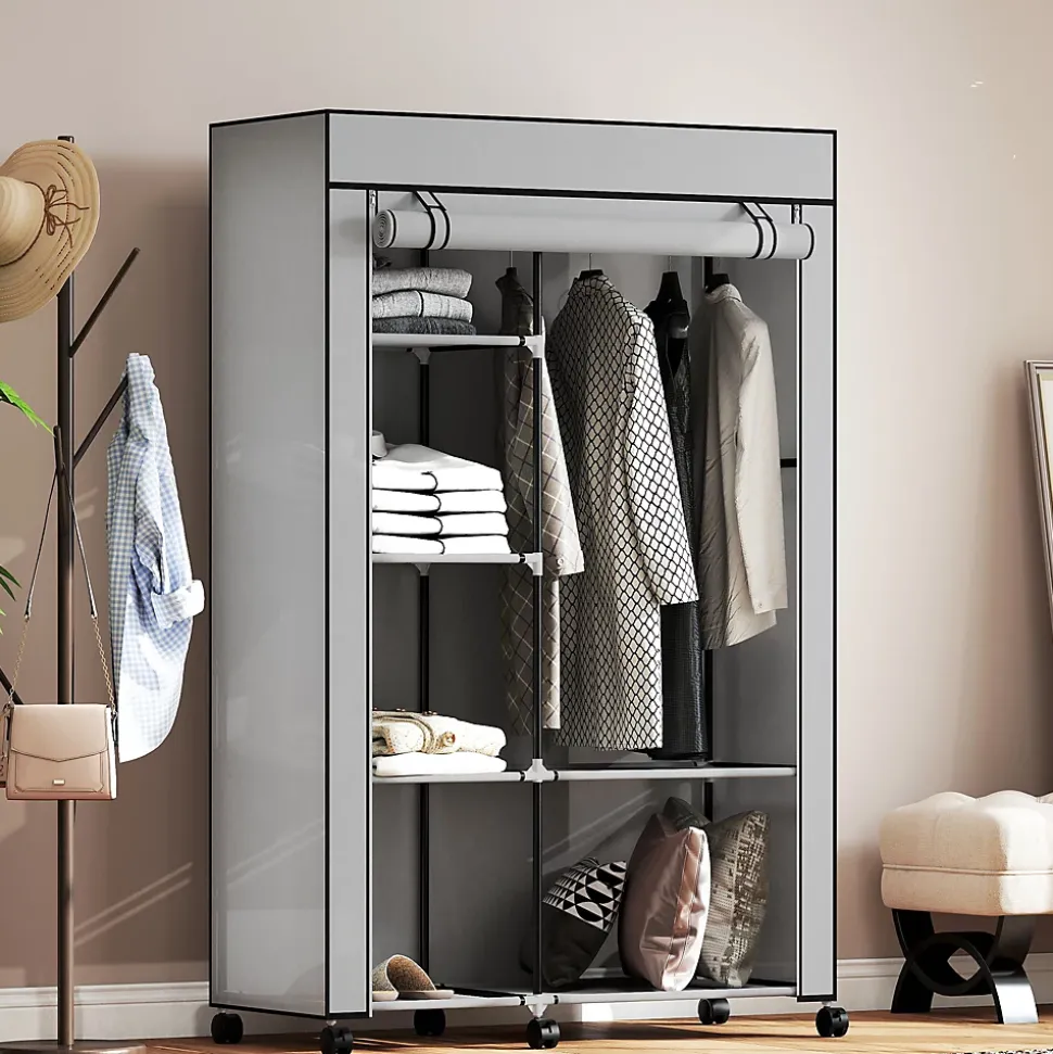 Armoire penderie mobile tissu - 5 étagères, penderie - dim. 103x43x162,5 cm - noir gris