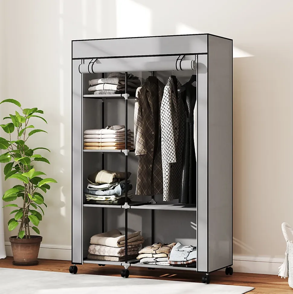 Armoire penderie mobile tissu - 5 étagères, penderie - dim. 103x43x162,5 cm - noir gris