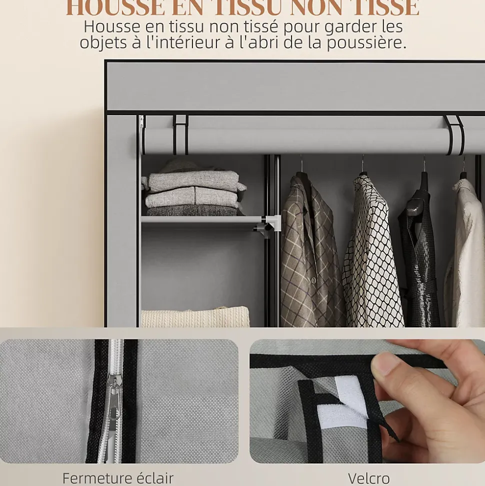 Armoire penderie mobile tissu - 5 étagères, penderie - dim. 103x43x162,5 cm - noir gris