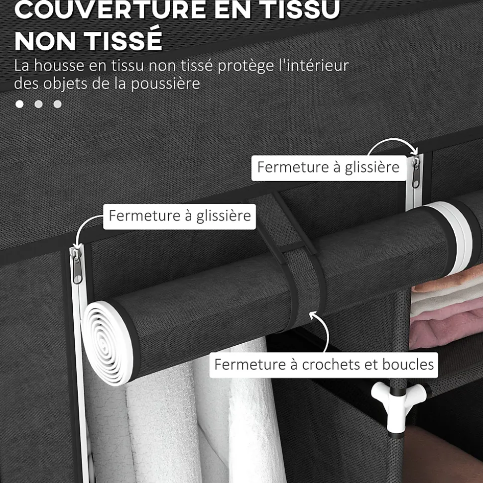 Armoire penderie multi-rangement - 8 étagères, 2 barres - dim. 125L x 43l x 162,5H cm - acier noir non tissé noir