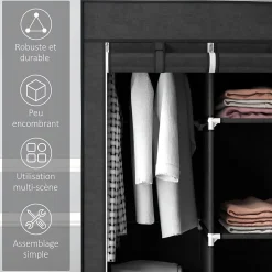 Armoire penderie multi-rangement - 8 étagères, 2 barres - dim. 125L x 43l x 162,5H cm - acier noir non tissé noir