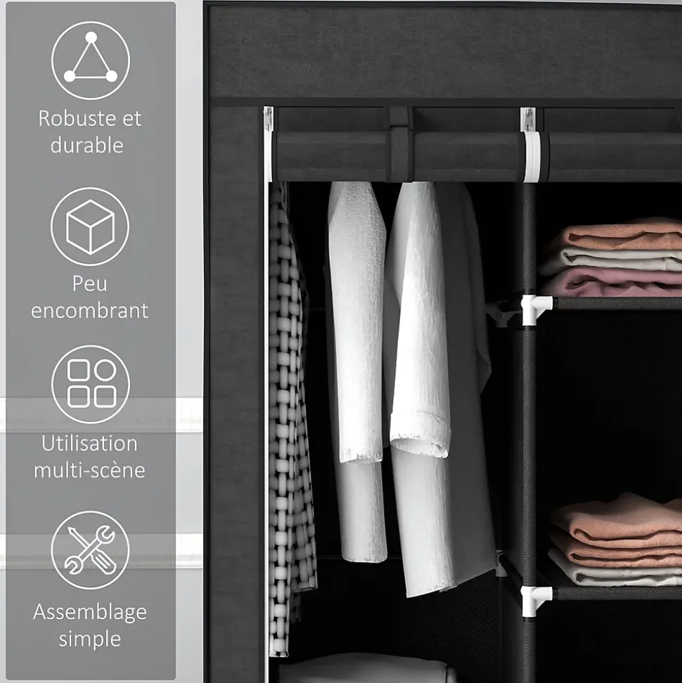 Armoire penderie multi-rangement - 8 étagères, 2 barres - dim. 125L x 43l x 162,5H cm - acier noir non tissé noir