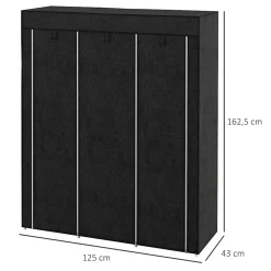 Armoire penderie multi-rangement - 8 étagères, 2 barres - dim. 125L x 43l x 162,5H cm - acier noir non tissé noir