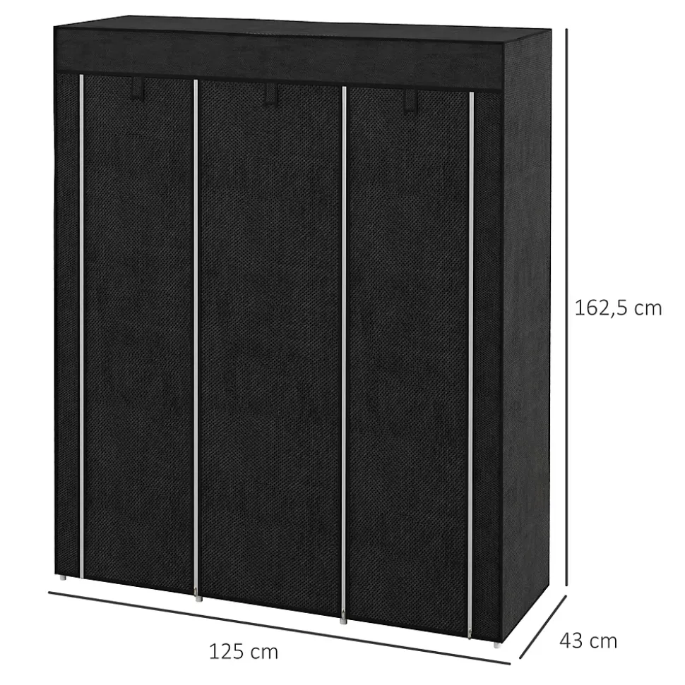Armoire penderie multi-rangement - 8 étagères, 2 barres - dim. 125L x 43l x 162,5H cm - acier noir non tissé noir