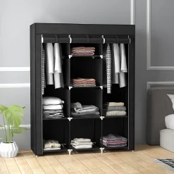 Armoire penderie multi-rangement - 8 étagères, 2 barres - dim. 125L x 43l x 162,5H cm - acier noir non tissé noir