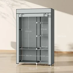 Armoire penderie multi-rangement - 6 étagères, 1 barre - dim. 103L x 43l x 162,5H cm - acier noir non tissé gris clair