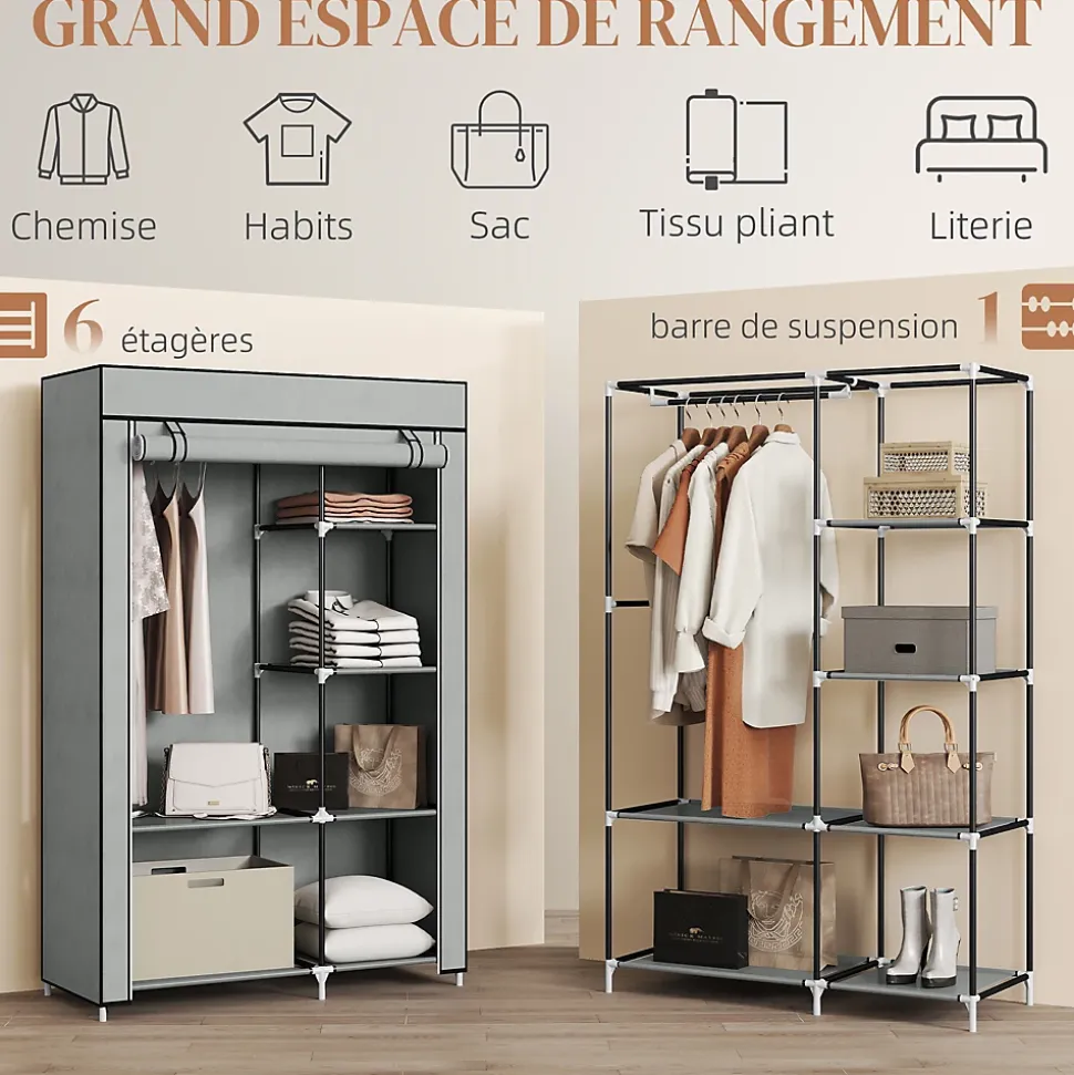 Armoire penderie multi-rangement - 6 étagères, 1 barre - dim. 103L x 43l x 162,5H cm - acier noir non tissé gris clair