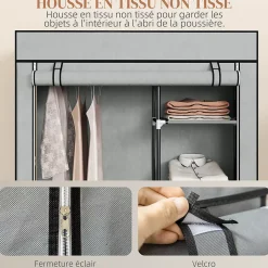 Armoire penderie multi-rangement - 6 étagères, 1 barre - dim. 103L x 43l x 162,5H cm - acier noir non tissé gris clair