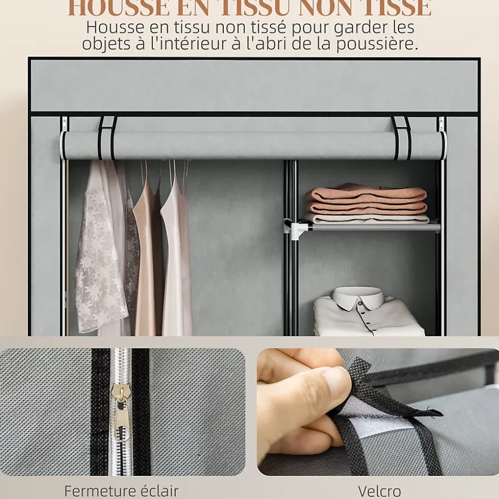 Armoire penderie multi-rangement - 6 étagères, 1 barre - dim. 103L x 43l x 162,5H cm - acier noir non tissé gris clair