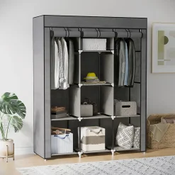 Armoire penderie multi-rangement - 8 étagères, 2 barres - dim. 125L x 43l x 162,5H cm - acier noir non tissé gris