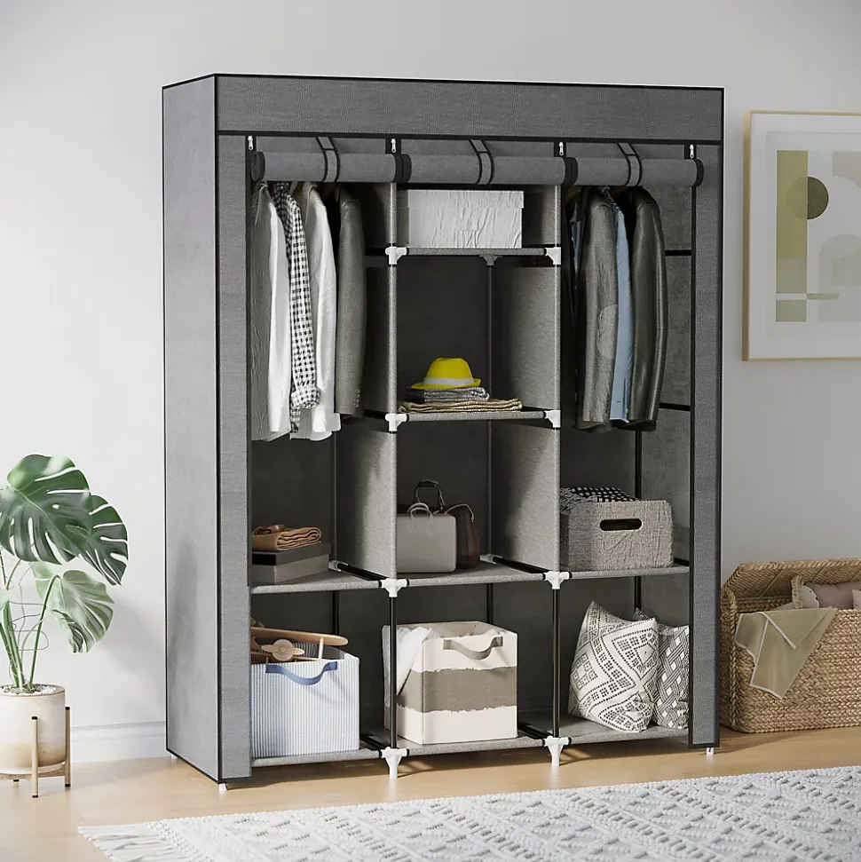 Armoire penderie multi-rangement - 8 étagères, 2 barres - dim. 125L x 43l x 162,5H cm - acier noir non tissé gris