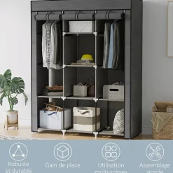 Armoire penderie multi-rangement - 8 étagères, 2 barres - dim. 125L x 43l x 162,5H cm - acier noir non tissé gris
