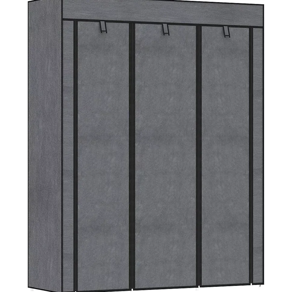 Armoire penderie multi-rangement - 8 étagères, 2 barres - dim. 125L x 43l x 162,5H cm - acier noir non tissé gris