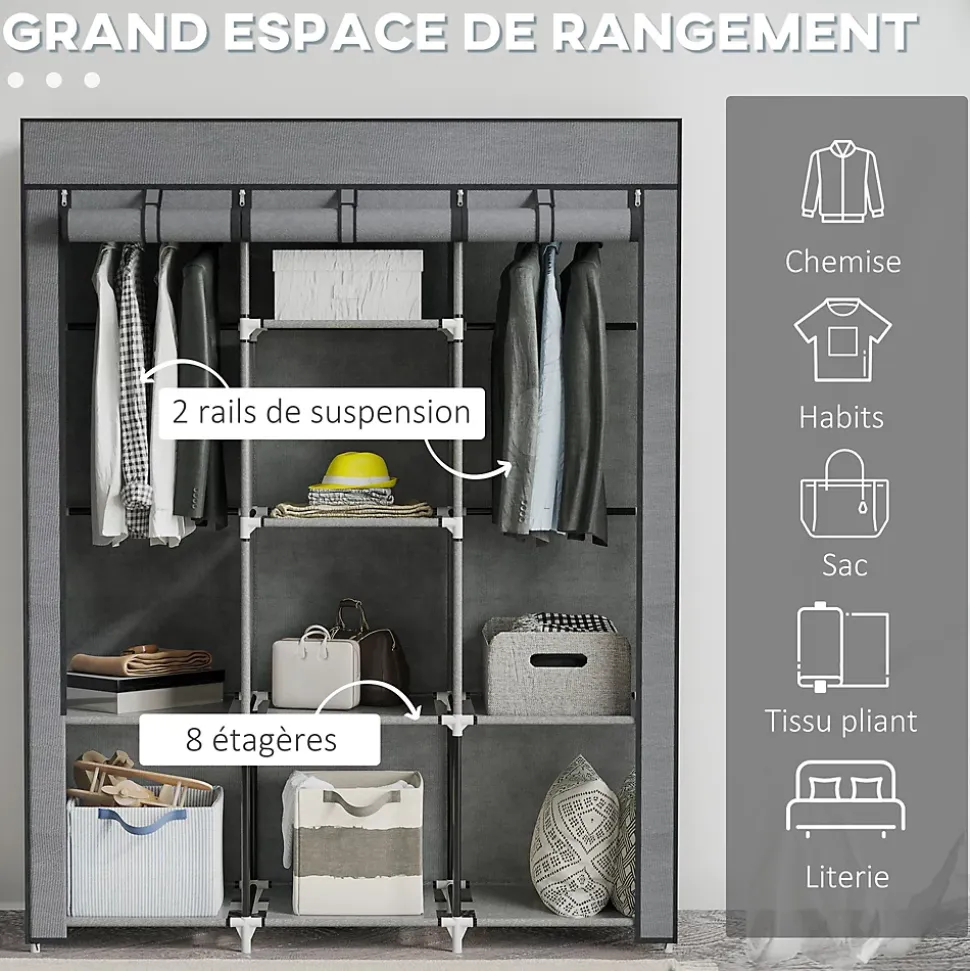 Armoire penderie multi-rangement - 8 étagères, 2 barres - dim. 125L x 43l x 162,5H cm - acier noir non tissé gris
