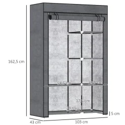 Armoire penderie multi-rangement - 6 étagères, 1 barre - dim. 103L x 43l x 162,5H cm - acier noir non tissé gris