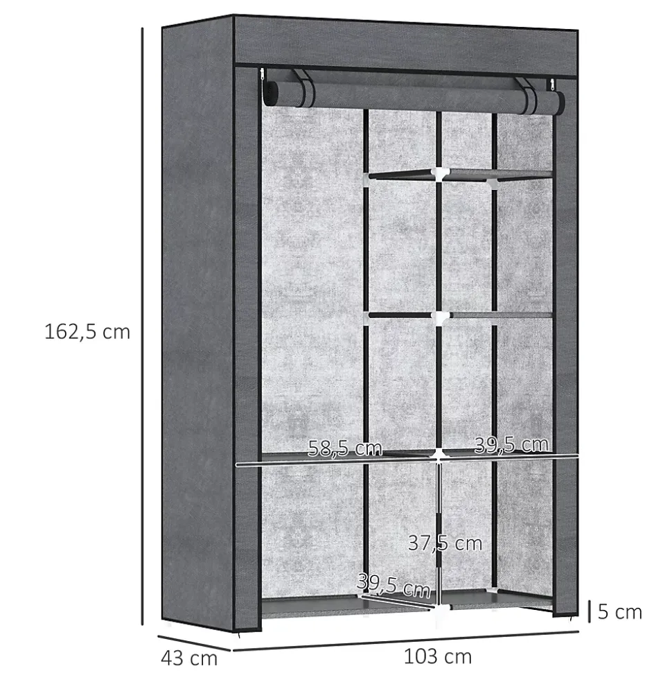 Armoire penderie multi-rangement - 6 étagères, 1 barre - dim. 103L x 43l x 162,5H cm - acier noir non tissé gris