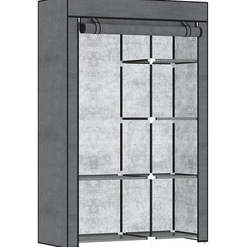 Armoire penderie multi-rangement - 6 étagères, 1 barre - dim. 103L x 43l x 162,5H cm - acier noir non tissé gris