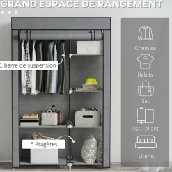 Armoire penderie multi-rangement - 6 étagères, 1 barre - dim. 103L x 43l x 162,5H cm - acier noir non tissé gris